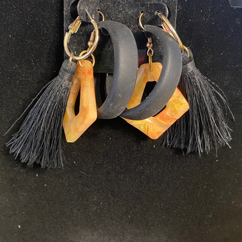 Black and Orange Geometric Tassel Earrings - 3 Pairs